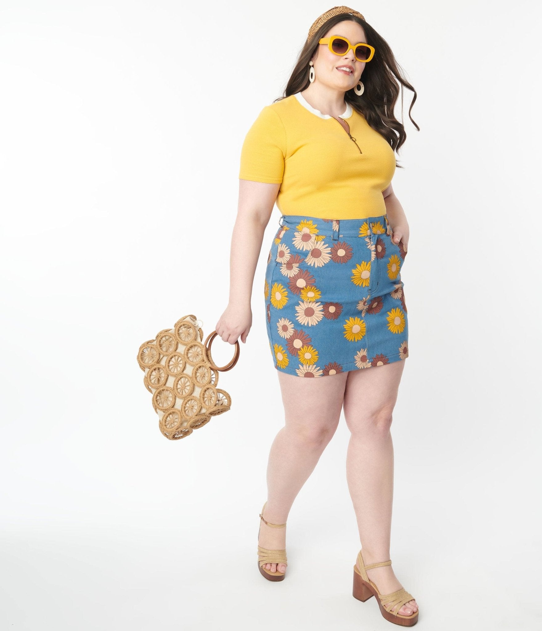 Unique Vintage Plus Size Denim Floral What A Classic Mini Skirt