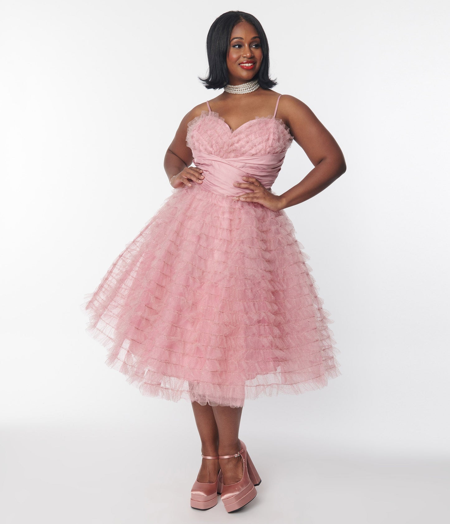 Unique Vintage Plus Size Dusty Rose Glitter Tulle Cupcake Swing Dress - Unique Vintage - Womens, DRESSES, PROM AND SPECIAL OCCASION