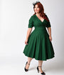 Unique Vintage Plus Size Emerald Green Delores Swing Dress with Sleeves