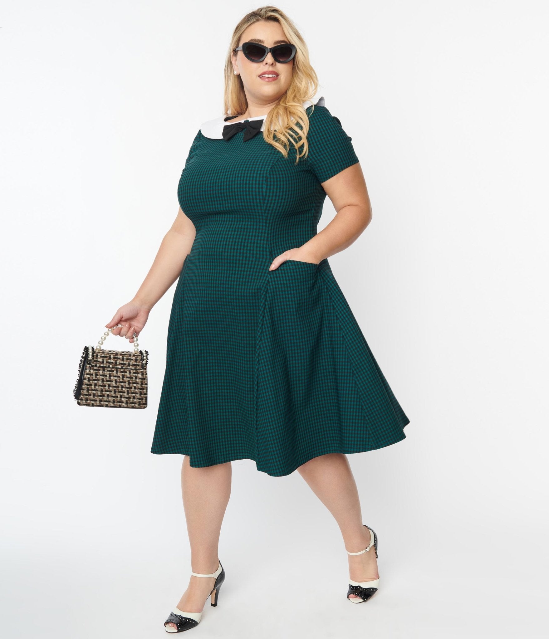 Unique Vintage Plus Size Green & Black Gingham Eloise Swing Dress - Unique Vintage - Womens, DRESSES, SWING