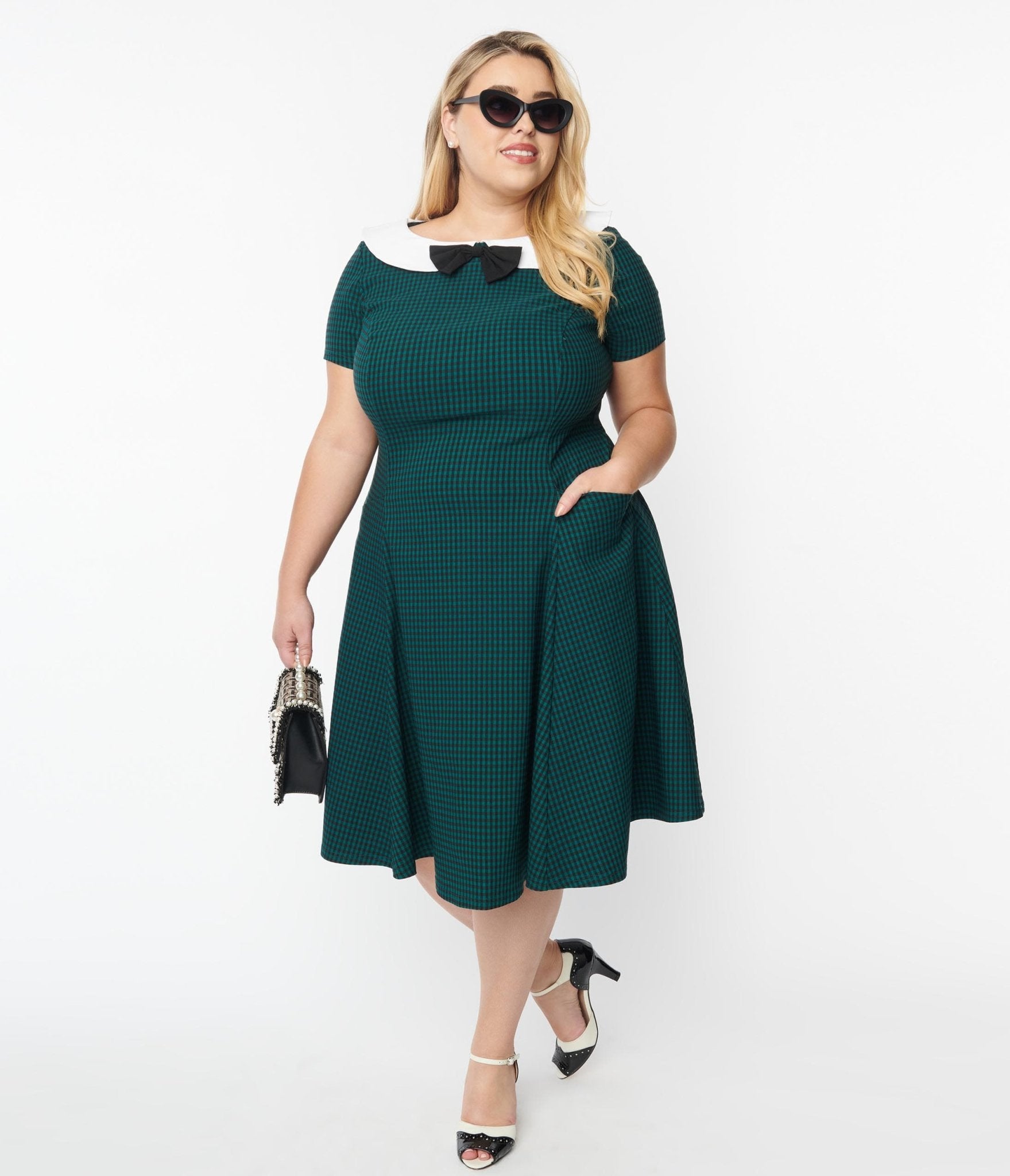 Unique Vintage Plus Size Green & Black Gingham Eloise Swing Dress - Unique Vintage - Womens, DRESSES, SWING