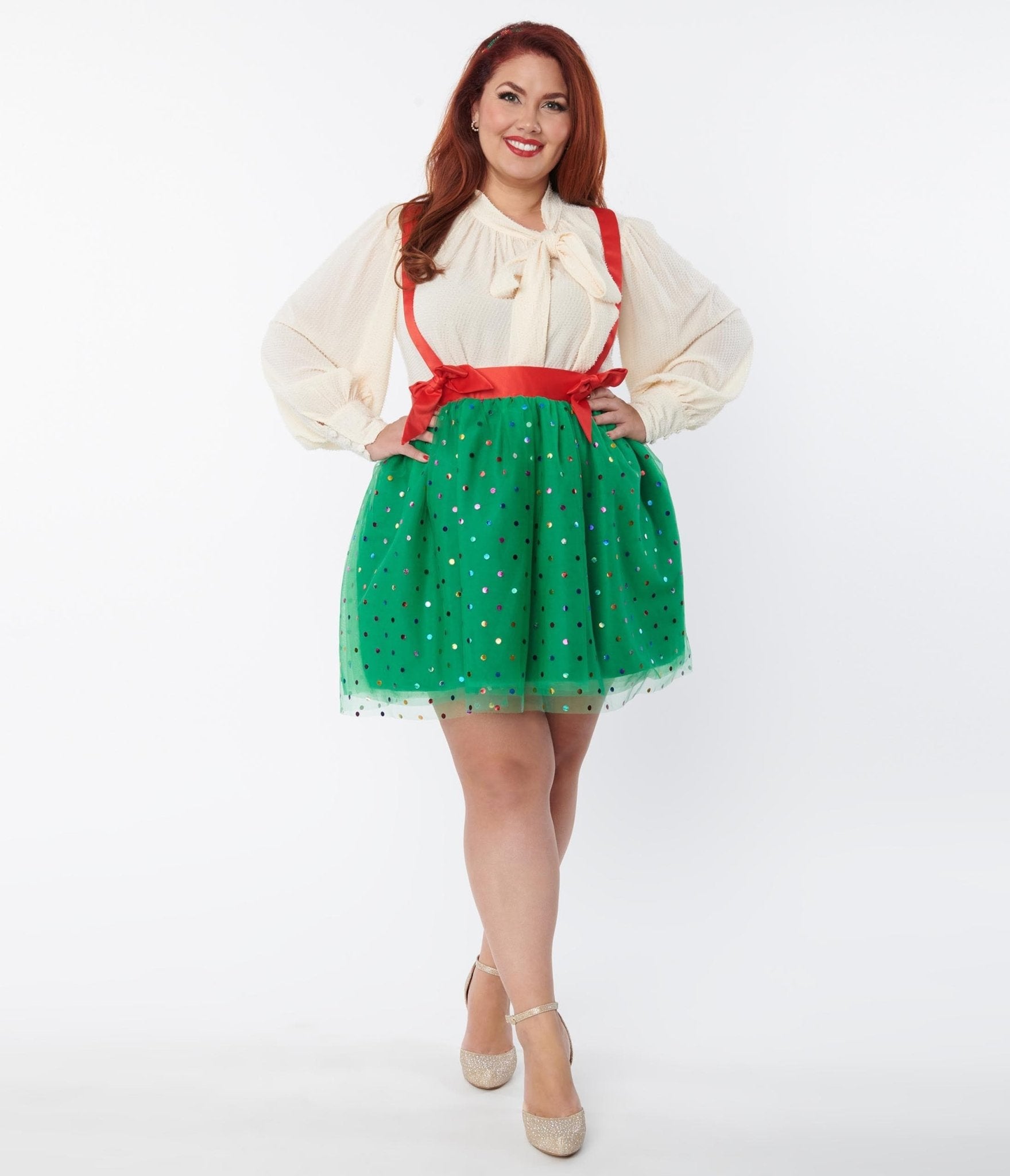 Unique Vintage Plus Size Green Multi Polka Dot Tulle Suspender Mini