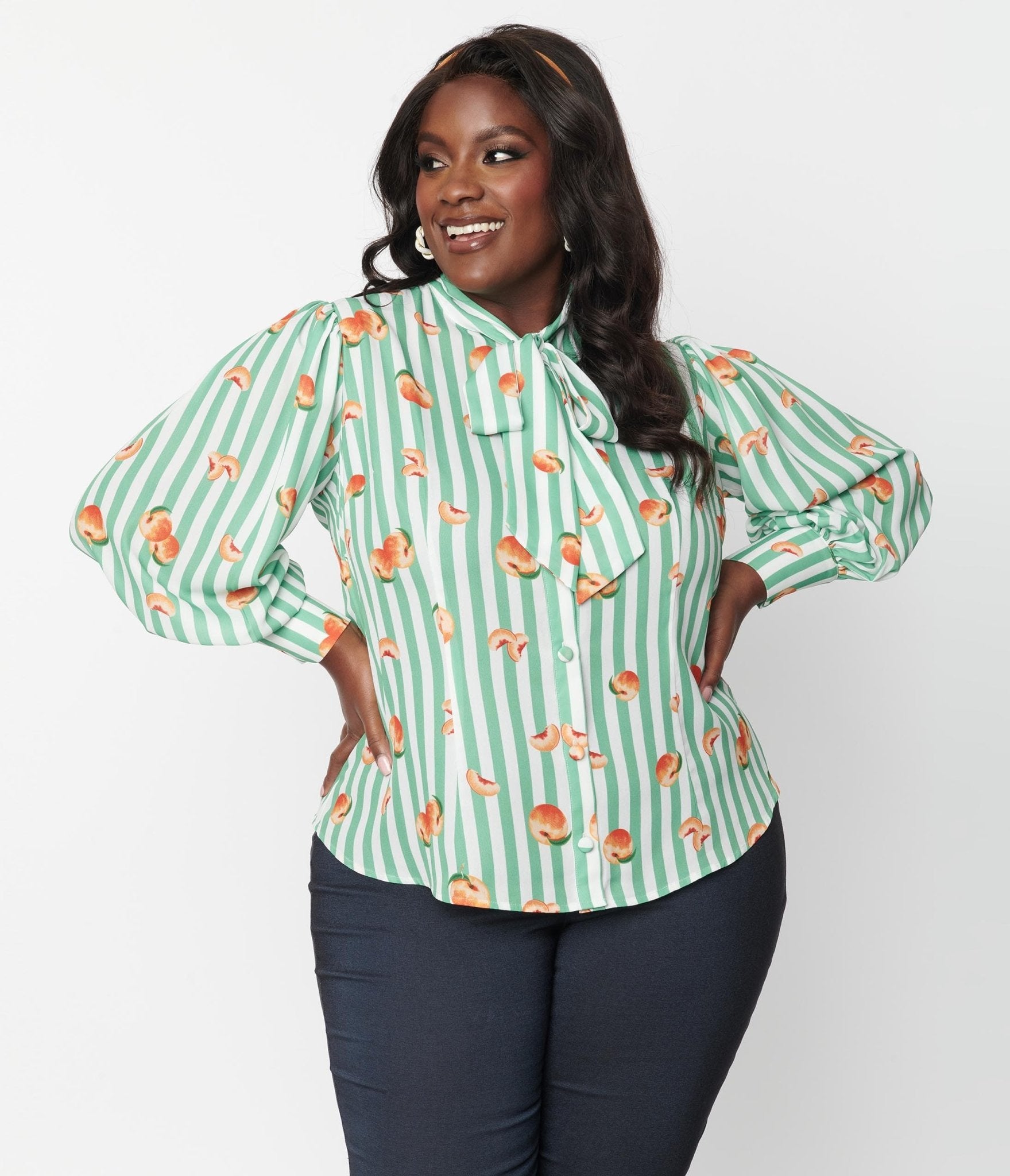 Unique Vintage Plus Size Green Stripe Peaches Gwen Blouse