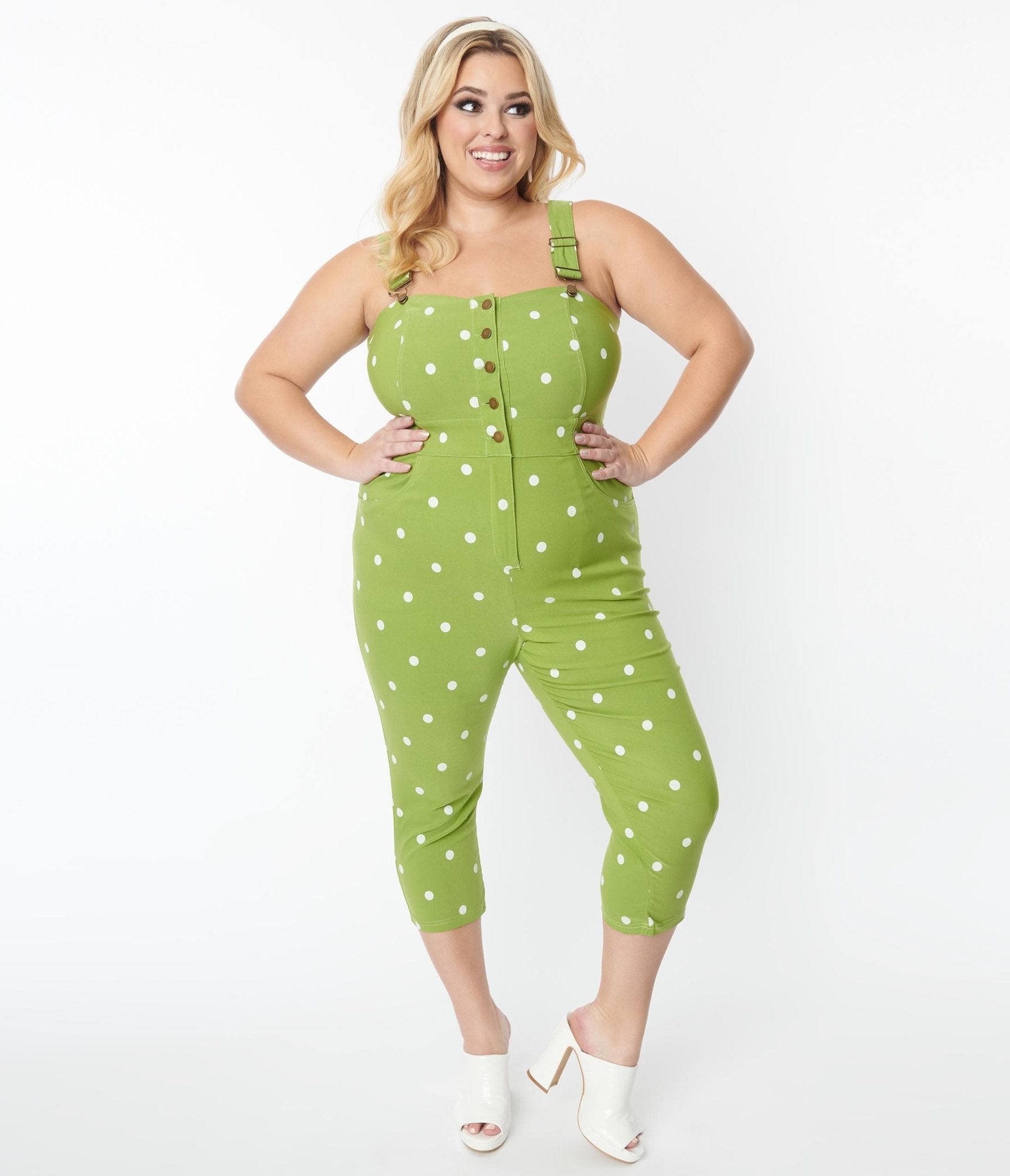 Unique Vintage Plus Size Green White Dot Eartha Jumpsuit