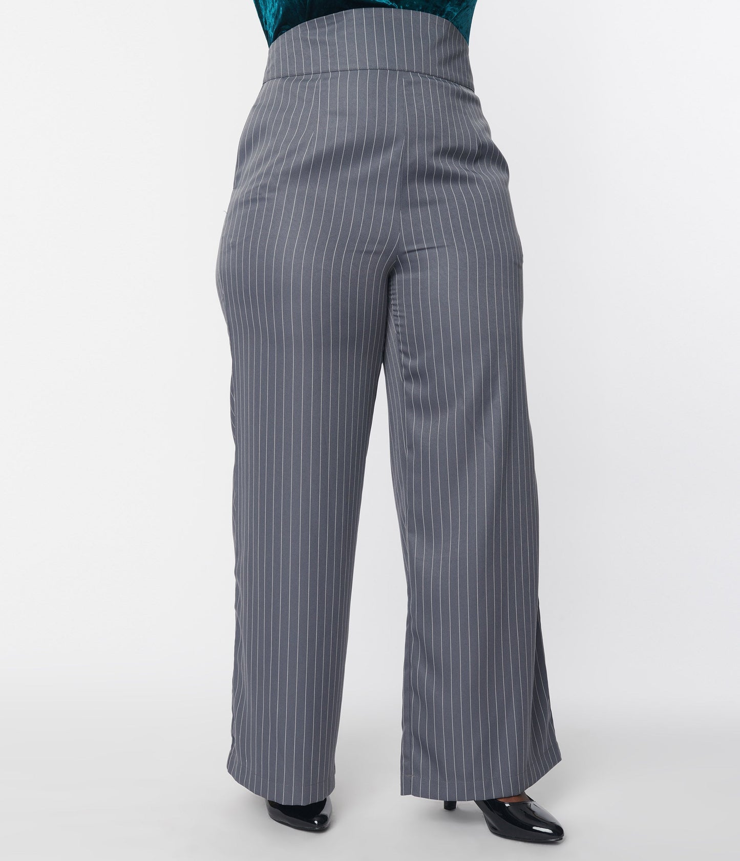Unique Vintage Plus Size Grey Pinstripe High Waist Pants - Unique Vintage - Womens, BOTTOMS, PANTS