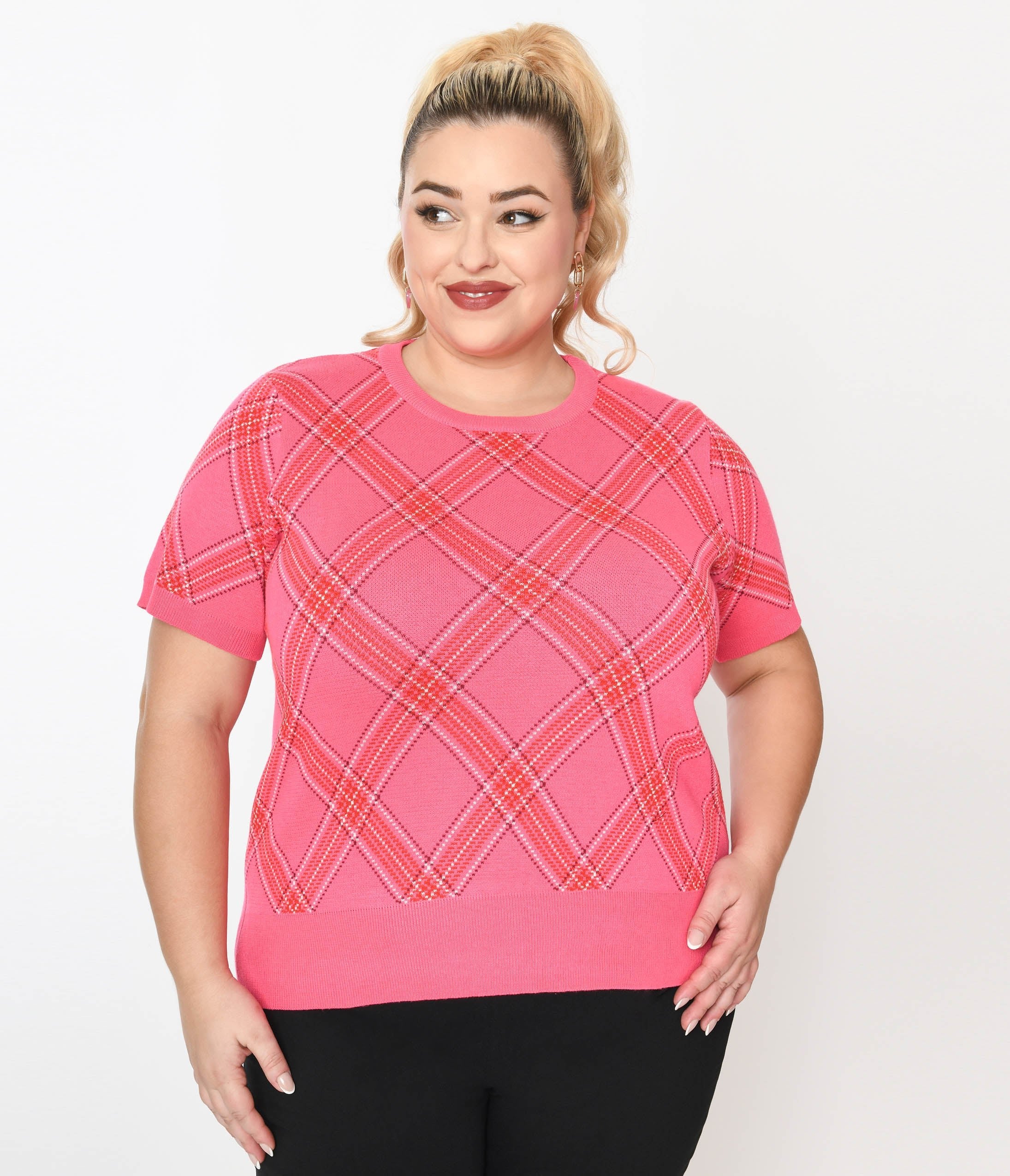 Unique Vintage Plus Size Hot Pink Bias Plaid Short Sleeve Sweater