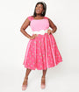Unique Vintage Plus Size Hot Pink & Heart Cherry Stripe Swing Dress