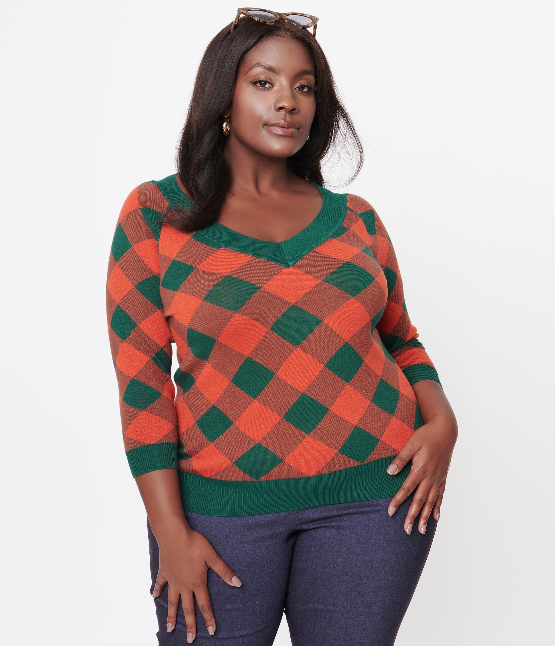 Unique Vintage Plus Size Hunter Green & Brick Plaid Shelly Sweater - Unique Vintage - Womens, TOPS, SWEATERS