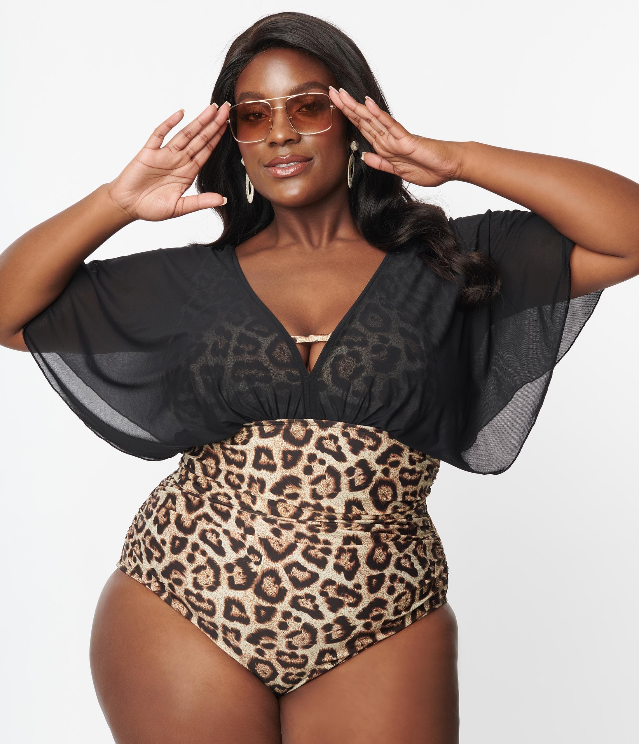 Unique Vintage Plus Size Leopard Black Mesh Sleeved Torrey Swimsuit