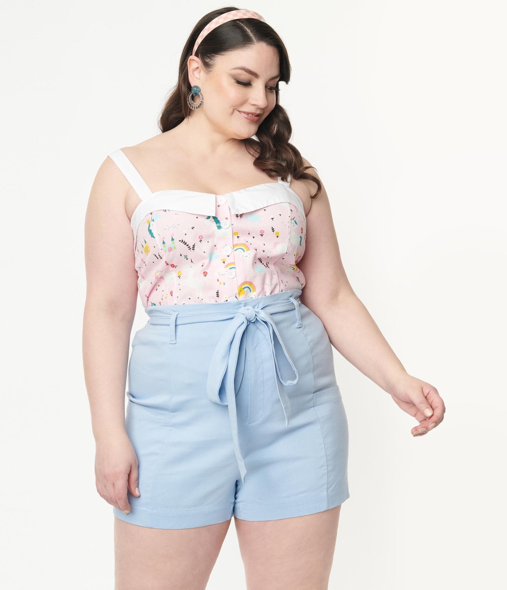 Unique Vintage Plus Size 1940s Light Blue High Waist Tied True Short