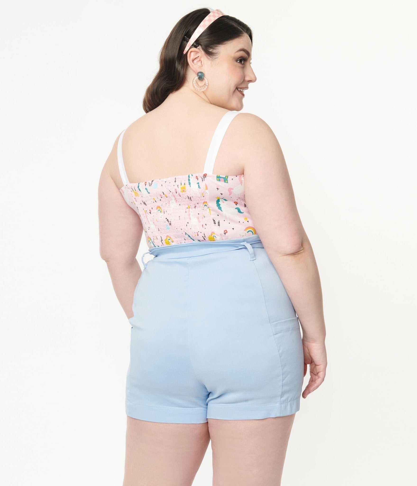 Unique Vintage Plus Size 1940s Light Blue High Waist Tied True Short