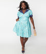 Unique Vintage Plus Size 1940s Light Blue & Teacups Print Flare Dress