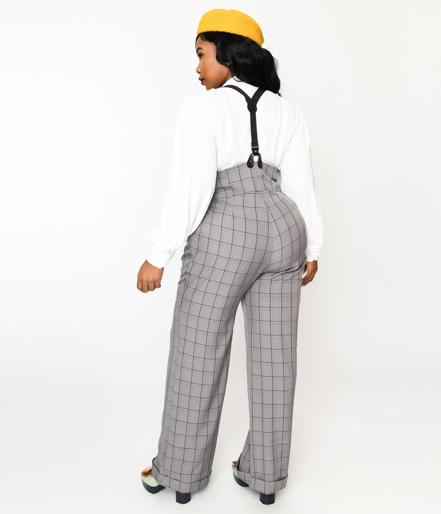 Unique Vintage Plus Size Light Grey Windowpane Thelma Suspender Pants - Unique Vintage - Womens, BOTTOMS, PANTS
