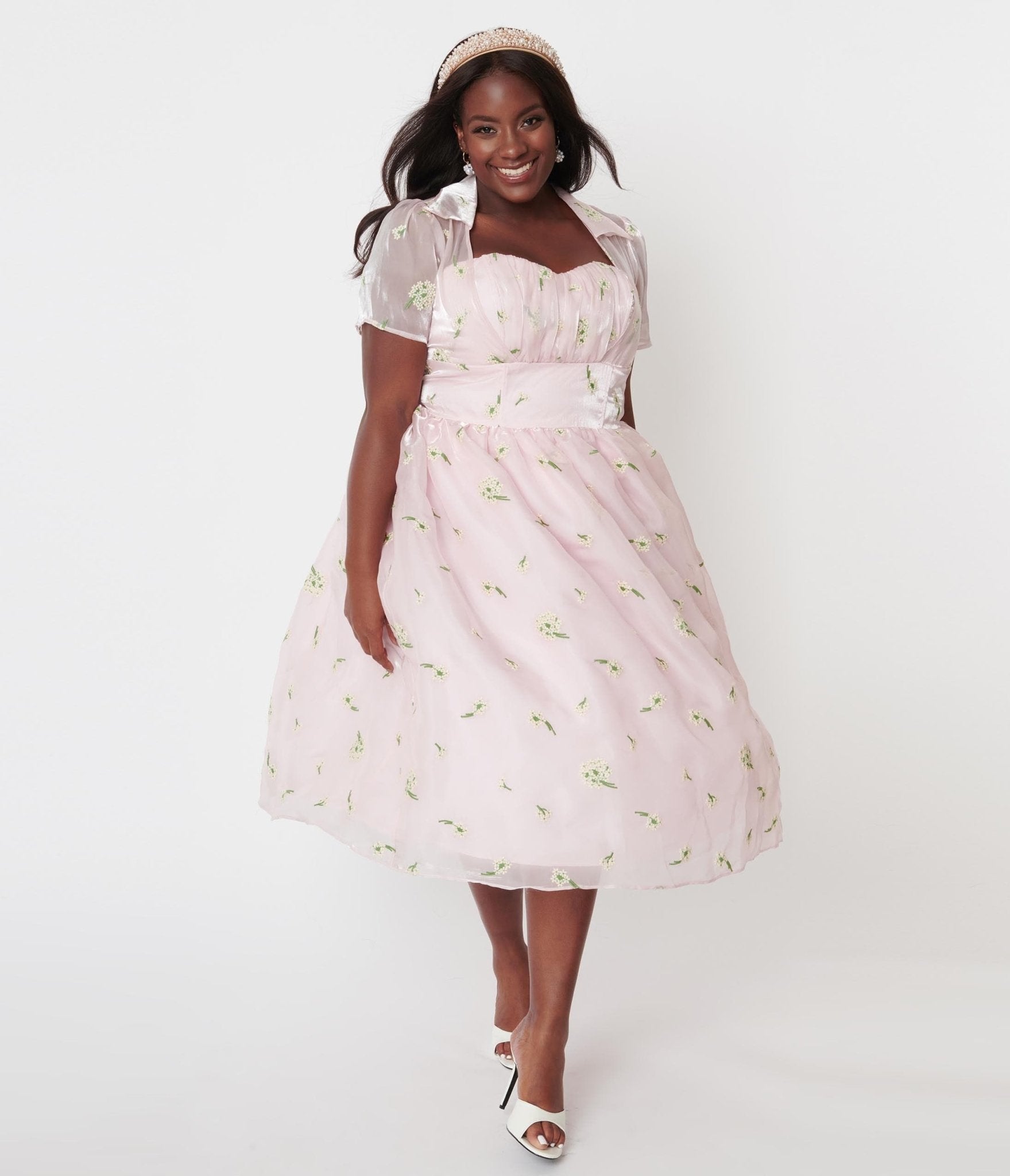 Unique Vintage Plus Size Light Pink Floral Embroidered Libby Swing D