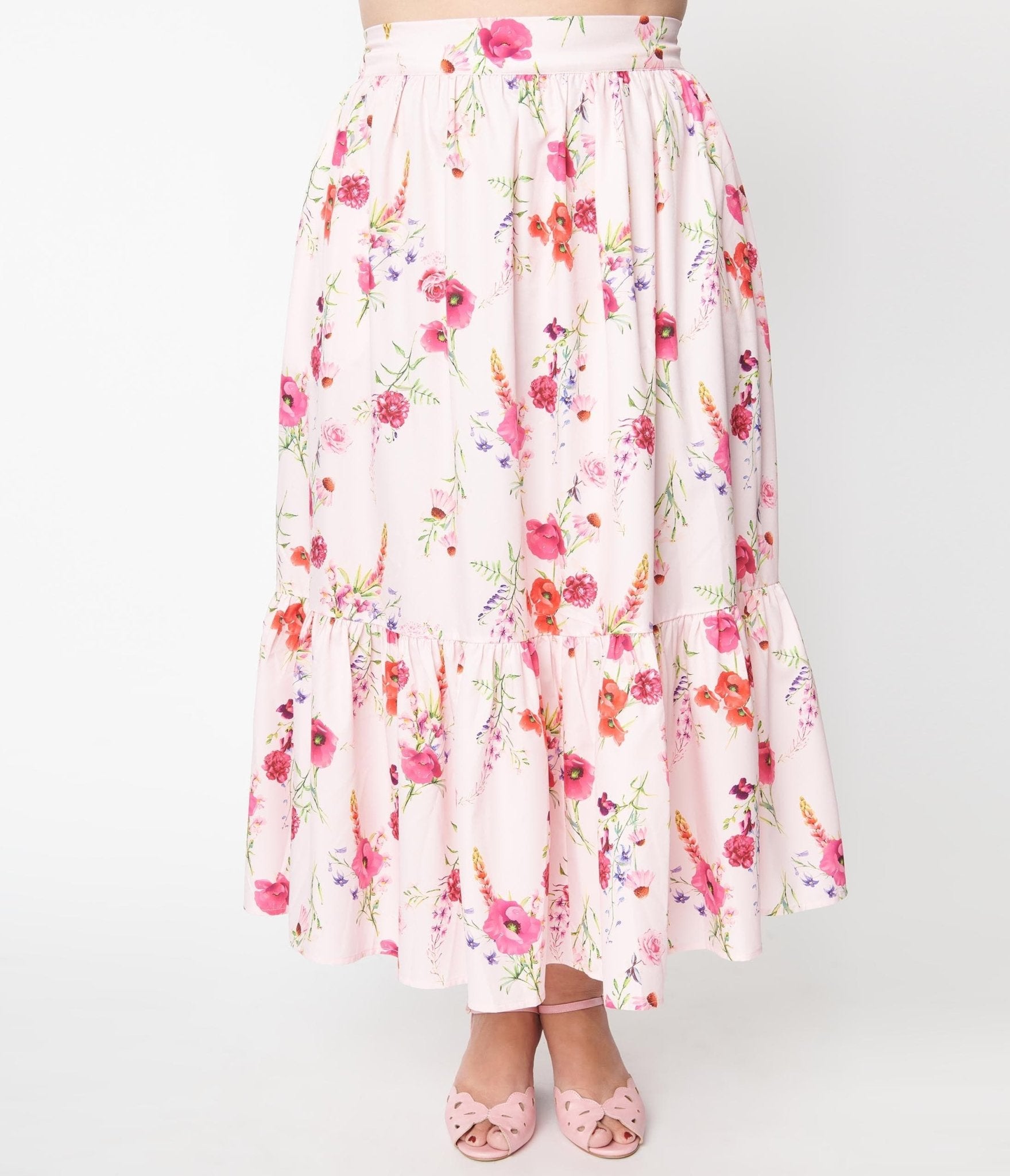 Unique Vintage Plus Size Light Pink Floral Tiered Midi Skirt - Unique Vintage - Womens, BOTTOMS, SKIRTS