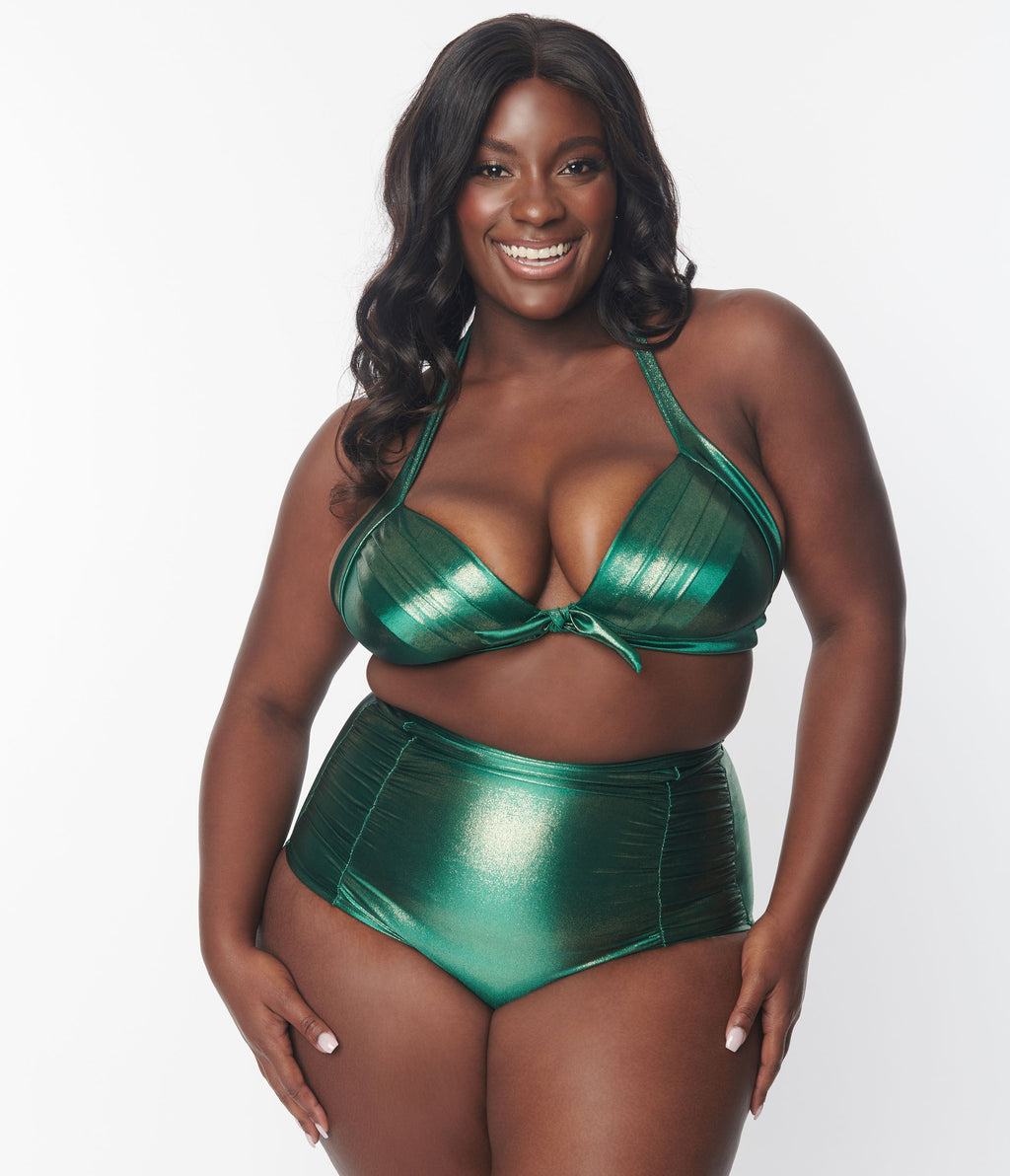 Unique Vintage Plus Size Metallic Emerald Monroe Halter Swim Top - Unique Vintage - Womens, SWIM, TOP