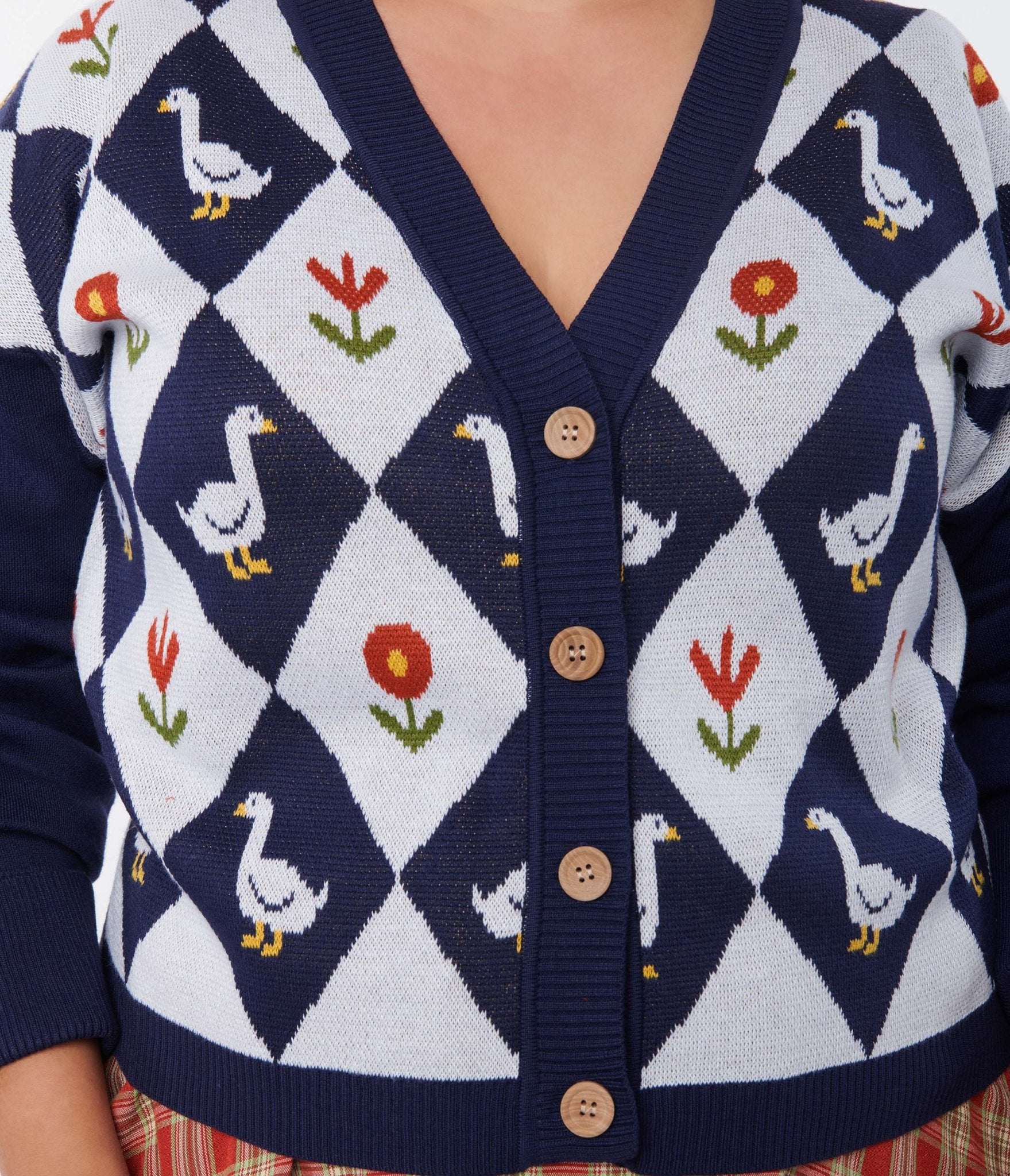 Unique Vintage Plus Size Navy Duck Argyle Sweater Cardigan
