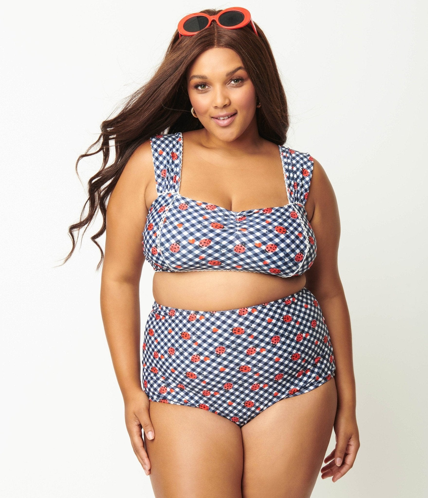 Unique Vintage Plus Size Navy Gingham & Ladybug Print High Waist Louise Swim Bottom - Unique Vintage - Womens, SWIM, BOTTOM