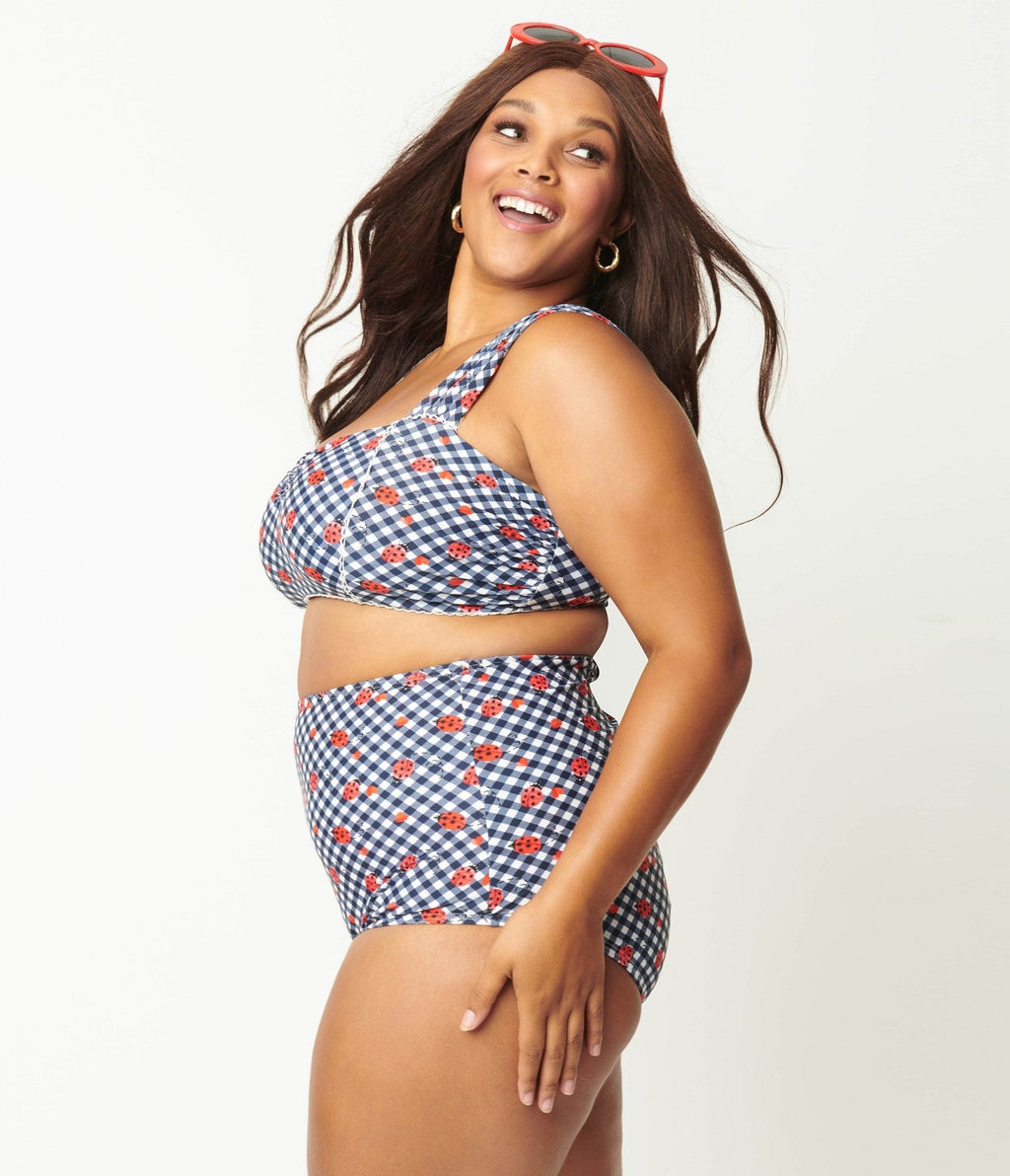 Unique Vintage Plus Size Navy Gingham & Ladybug Print High Waist Louise Swim Bottom - Unique Vintage - Womens, SWIM, BOTTOM