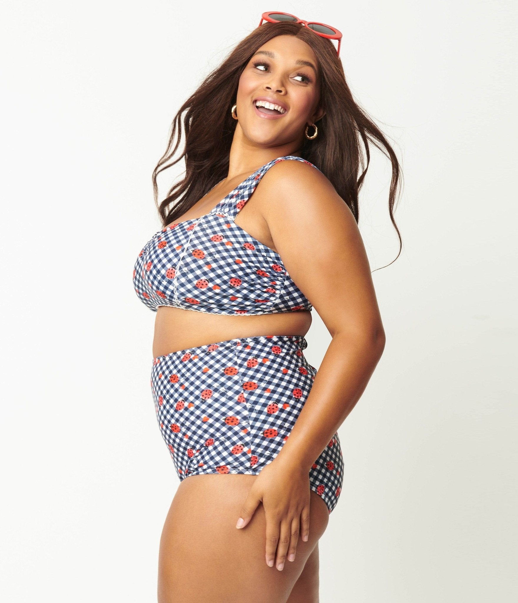 Unique Vintage Plus Size Navy Gingham & Ladybug Print High Waist Louise Swim Bottom - Unique Vintage - Womens, SWIM, BOTTOM