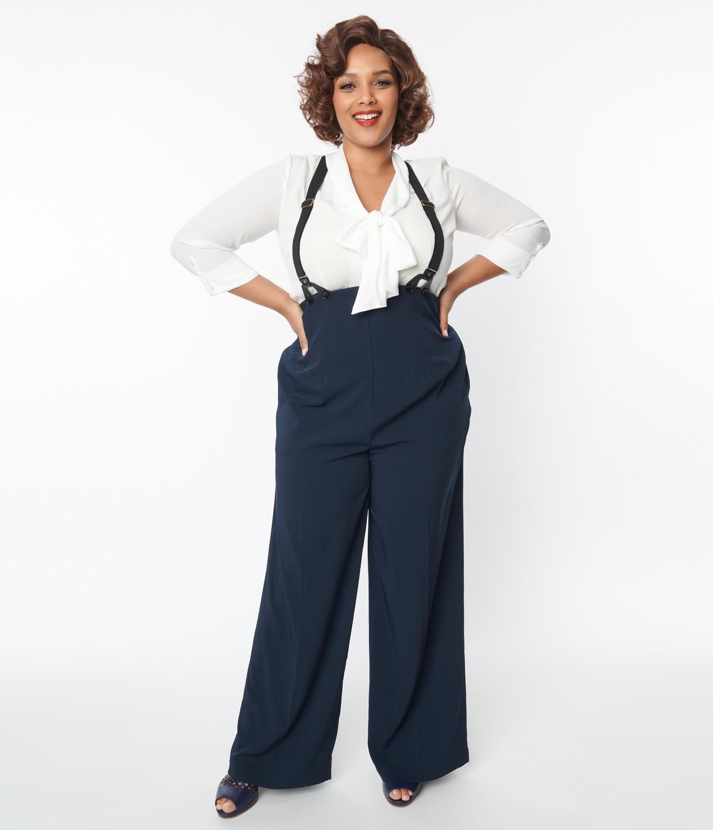 Unique Vintage Plus Size Navy High Waist Suspender Pants - Unique Vintage - Womens, BOTTOMS, PANTS