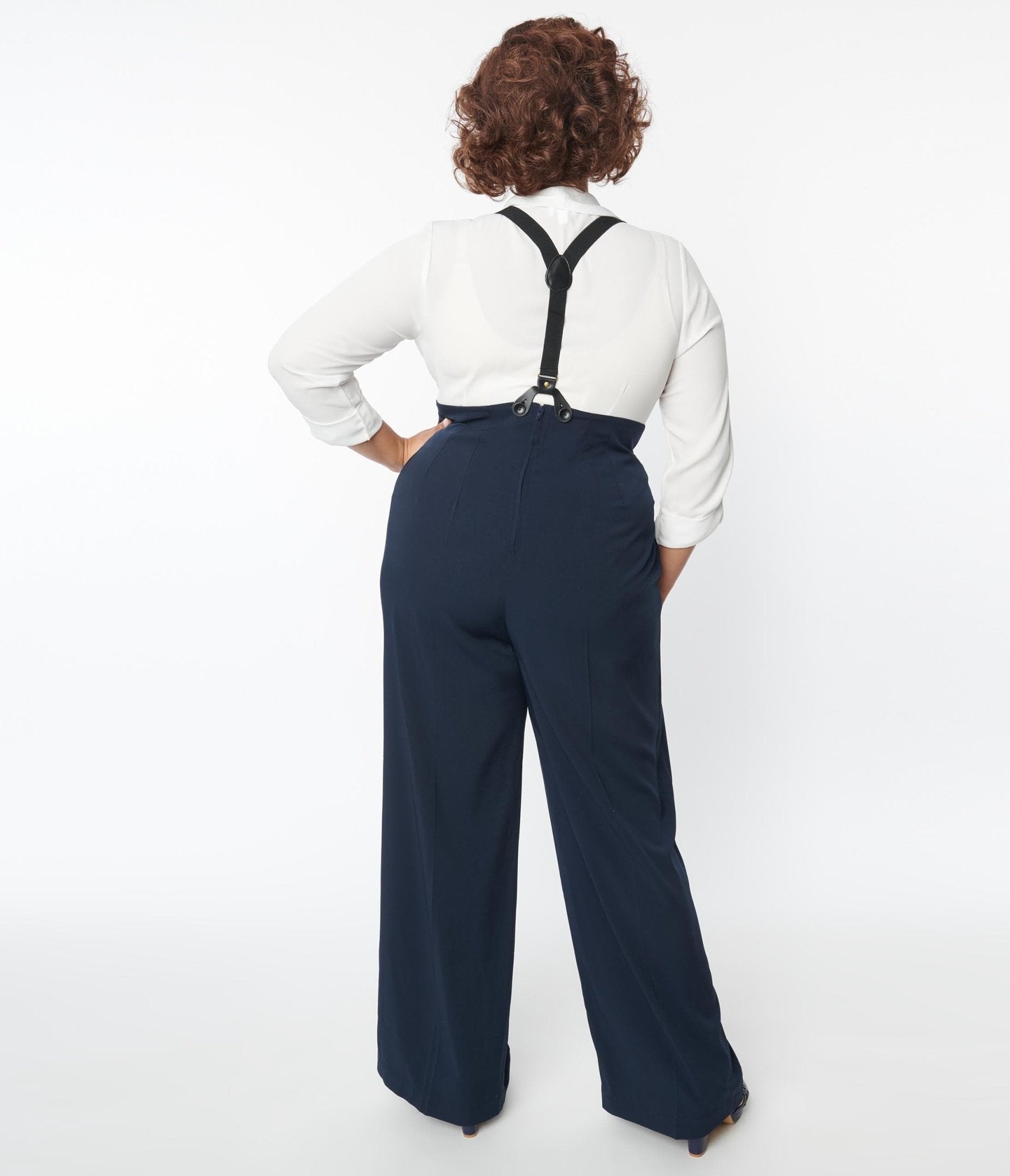 Unique Vintage Plus Size Navy High Waist Suspender Pants
