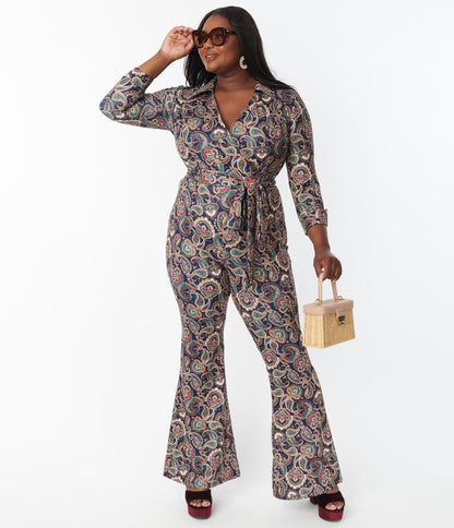 Unique Vintage Plus Size Navy Paisley Print Jumpsuit - Unique Vintage - Womens, BOTTOMS, ROMPERS AND JUMPSUITS