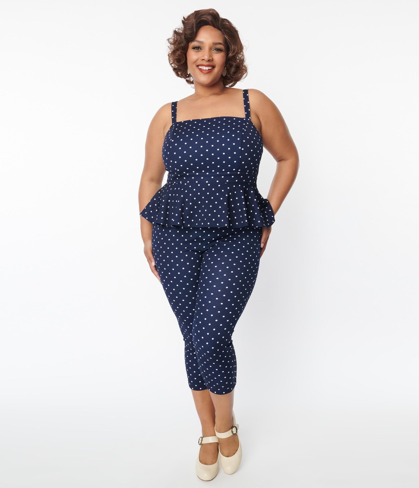 Unique Vintage Plus Size Navy & White Dot Peplum Jumpsuit - Unique Vintage - Womens, BOTTOMS, ROMPERS AND JUMPSUITS