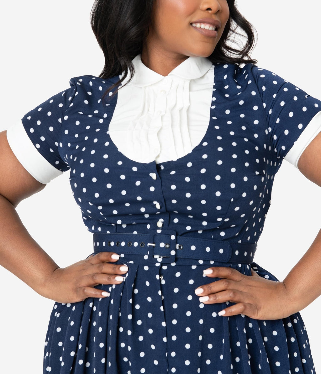 Unique Vintage Plus Size Navy & White Polka Dot Ricardo Swing Dress - Unique Vintage - Womens, DRESSES, SWING
