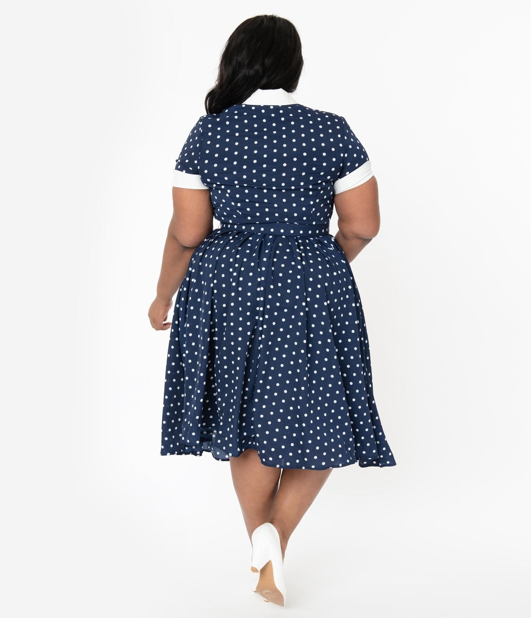 Unique Vintage Plus Size Navy & White Polka Dot Ricardo Swing Dress - Unique Vintage - Womens, DRESSES, SWING