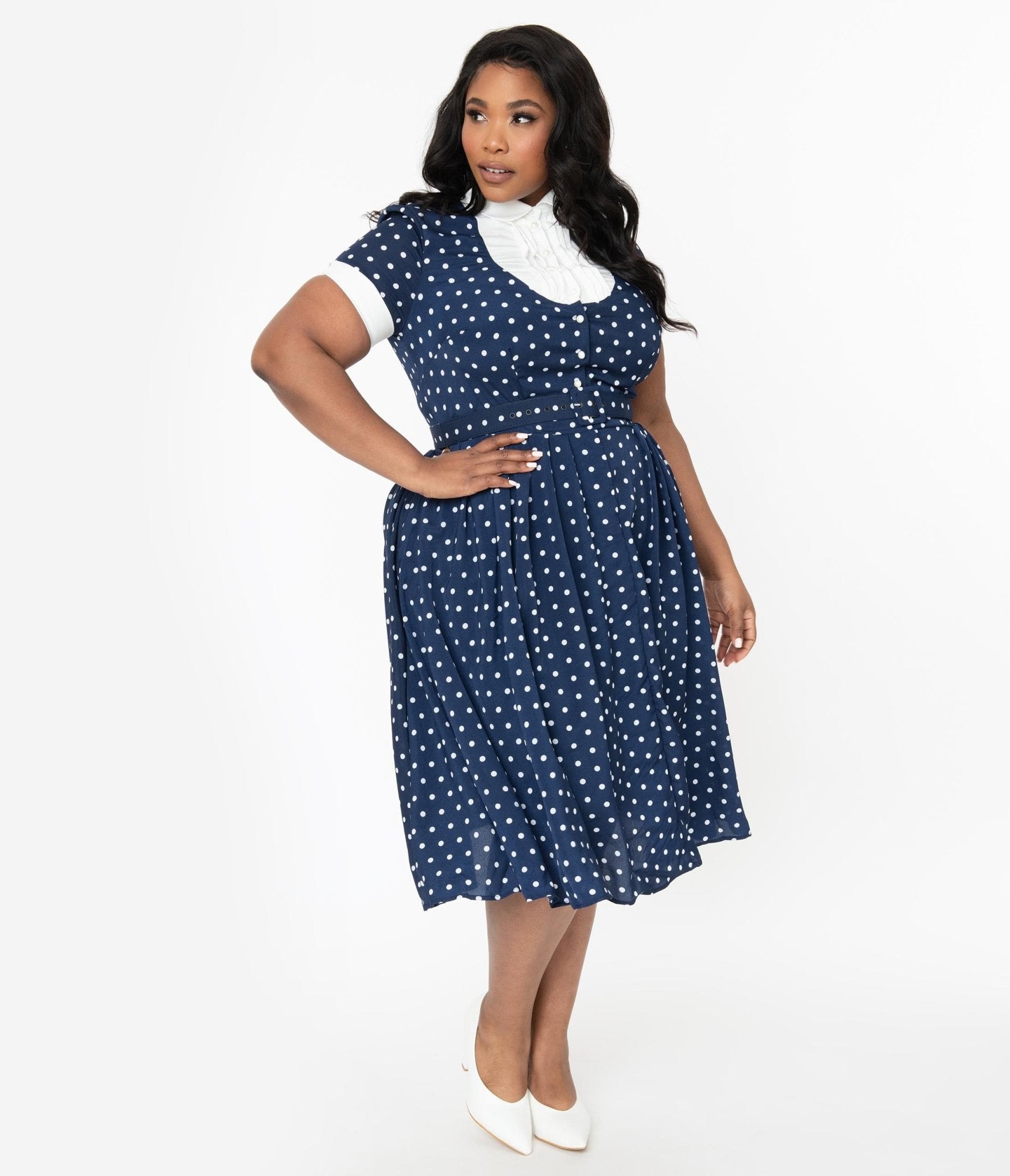 Unique Vintage Plus Size Navy & White Polka Dot Ricardo Swing Dress - Unique Vintage - Womens, DRESSES, SWING