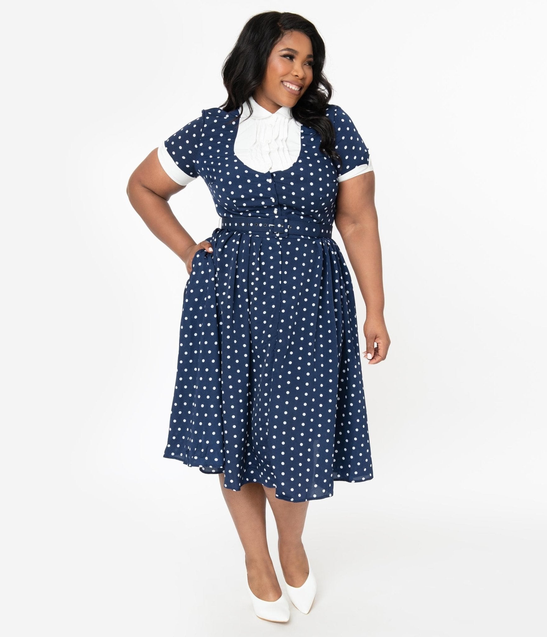 Unique Vintage Plus Size Navy & White Polka Dot Ricardo Swing Dress - Unique Vintage - Womens, DRESSES, SWING
