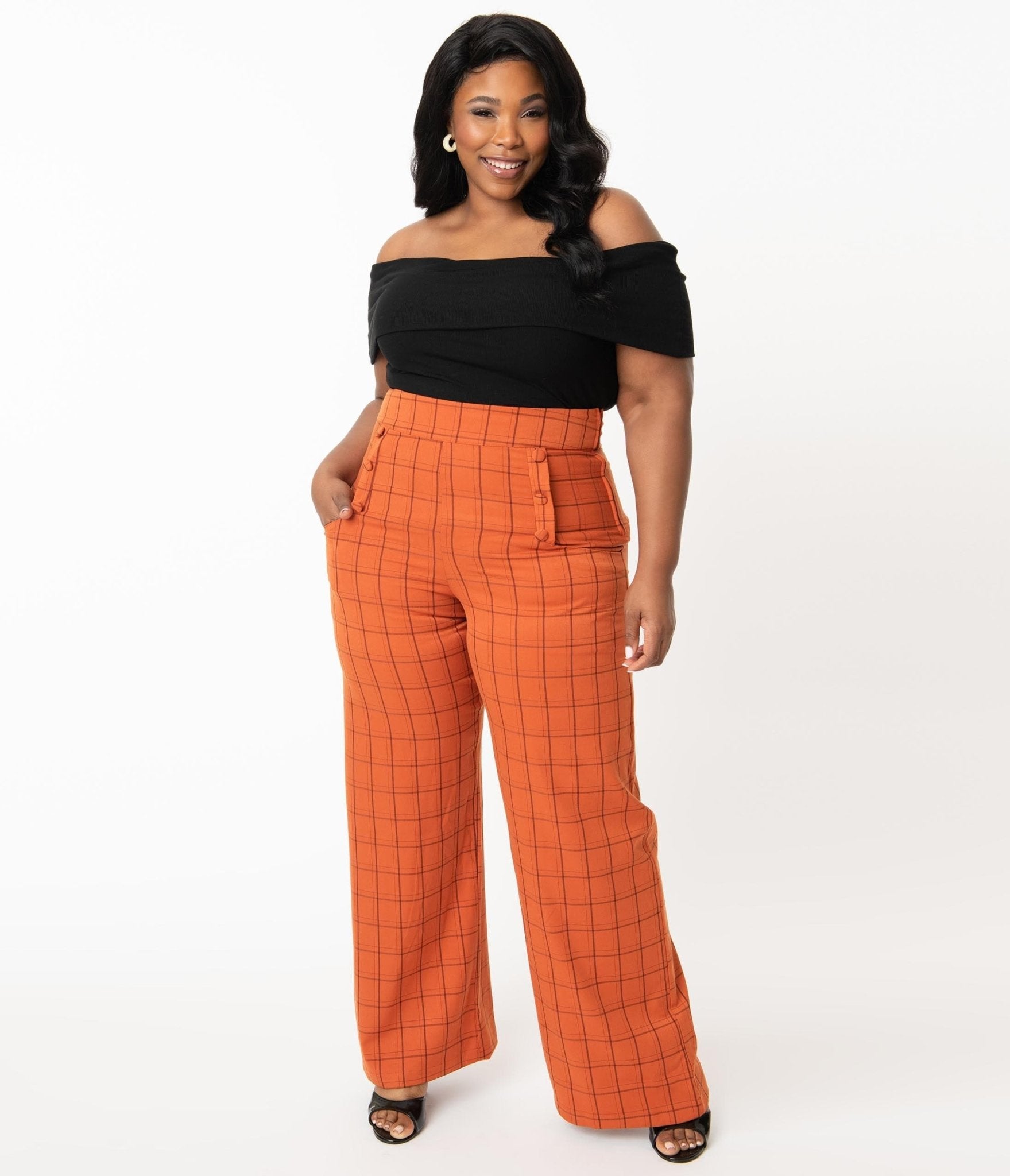 Retro & Vintage Unique Vintage Plus Size Orange Windowpane