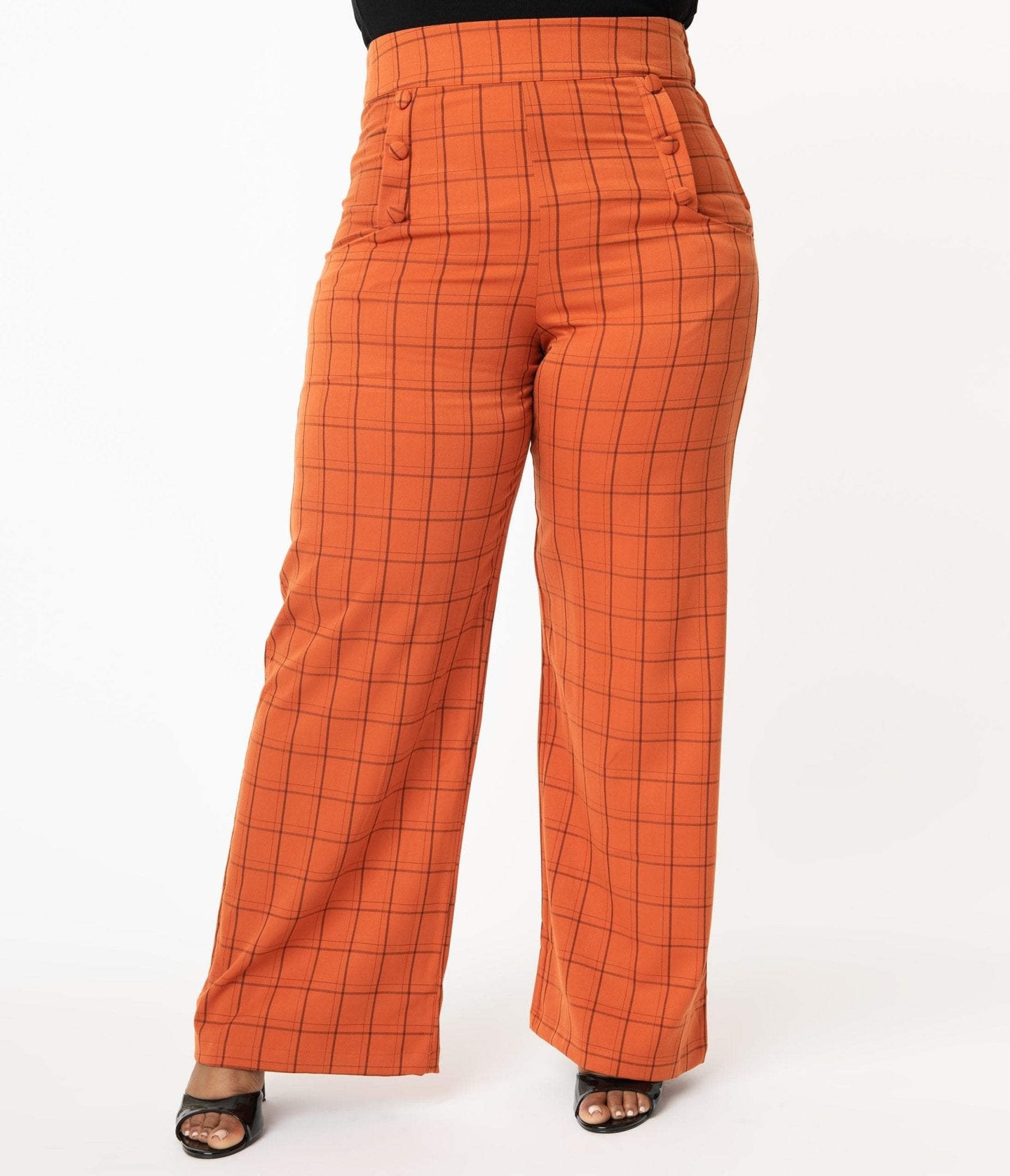 Unique Vintage Plus Size Orange Windowpane High Waist Ginger Pants - Unique Vintage - Womens, HALLOWEEN, BOTTOMS