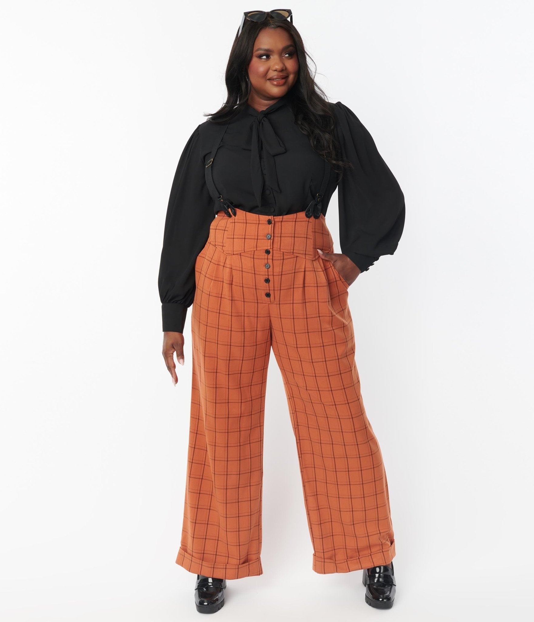 Unique Vintage Plus Size Orange Windowpane Thelma Suspender Pants - Unique Vintage - Womens, BOTTOMS, PANTS