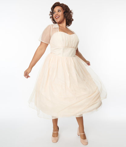 Unique Vintage Plus Size Peach Clip Dot Bridal Libby Swing Dress - Unique Vintage - Womens, DRESSES, SWING