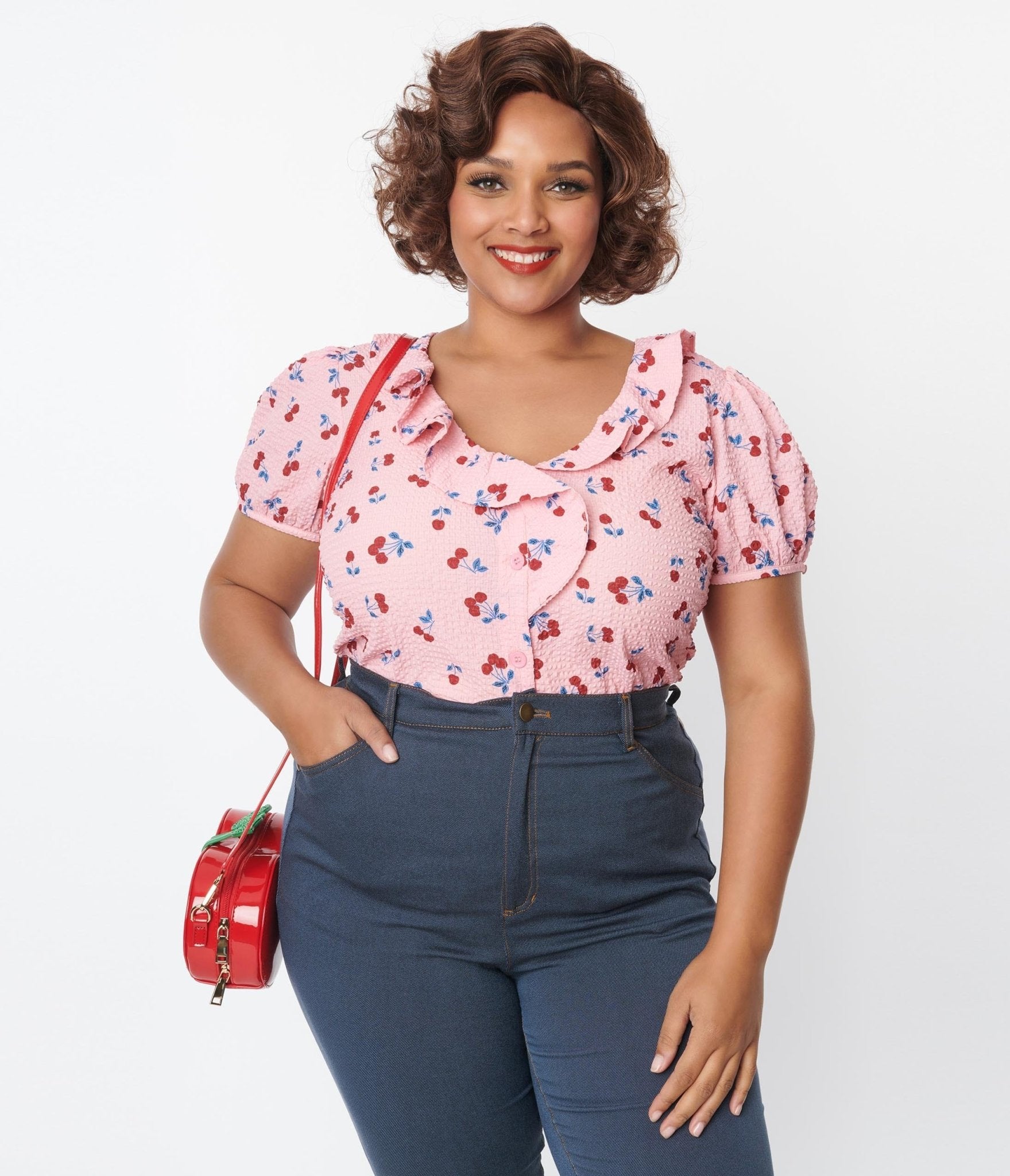 Pink ruffle blouse plus size discount