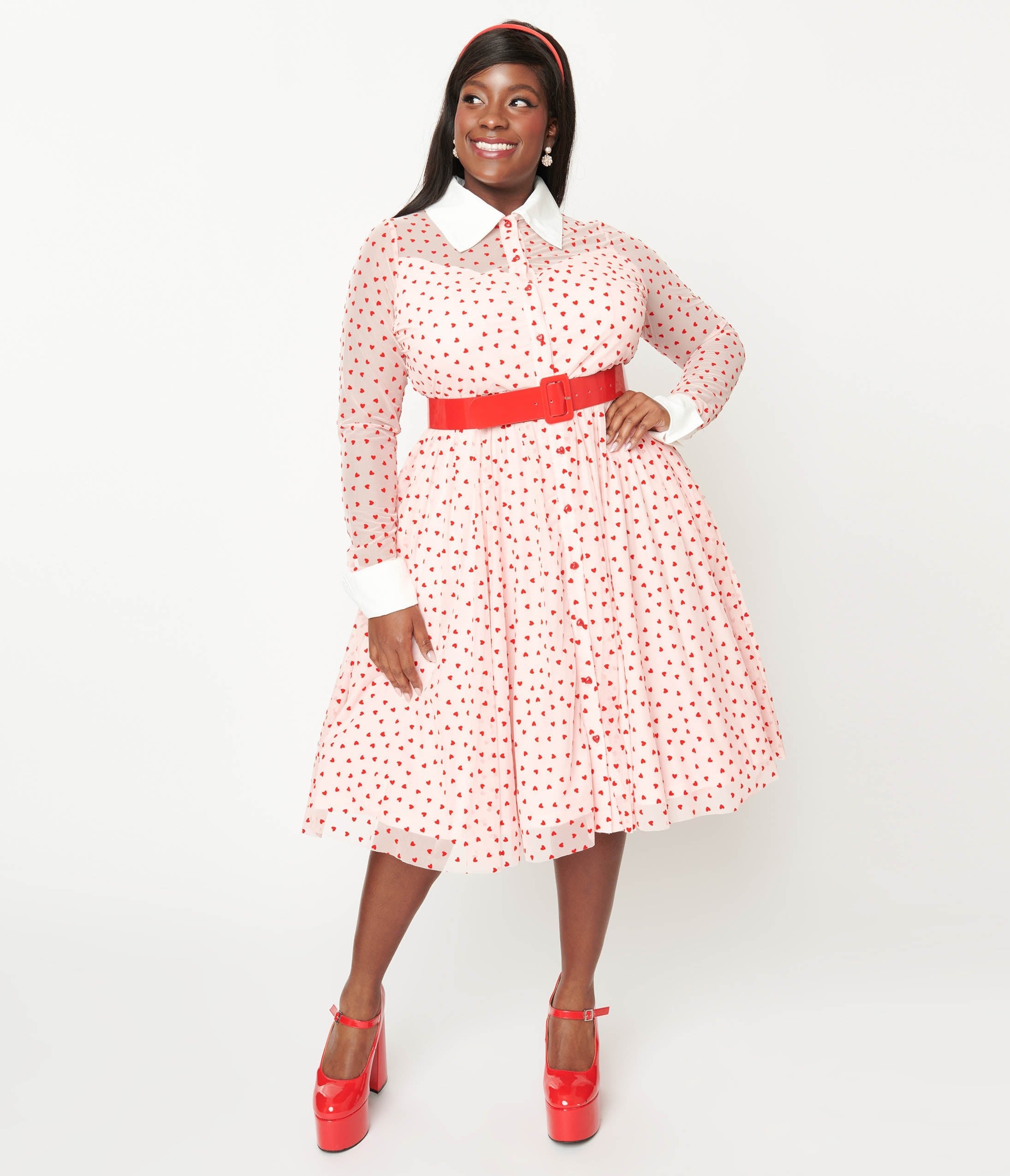 Unique Vintage Plus Size Pink Red Flocked Hearts Tulle Swing Dress