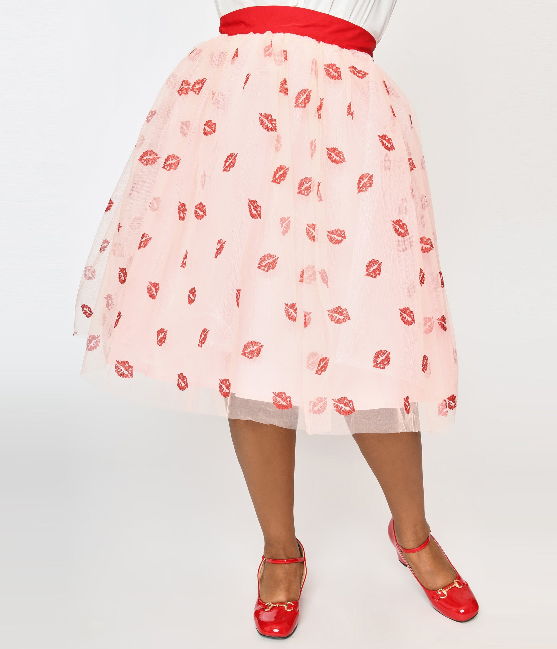 Unique Vintage Plus Size Pink & Red Glitter Lips Brilliance Swing Skirt - Unique Vintage - Womens, BOTTOMS, SKIRTS