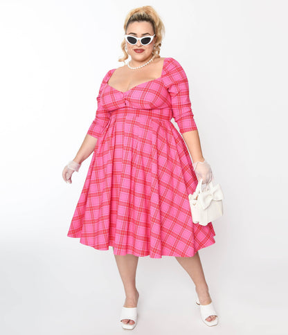 Unique Vintage Plus Size Pink & Red Plaid Lamar Swing Dress - Unique Vintage - Womens, DRESSES, SWING