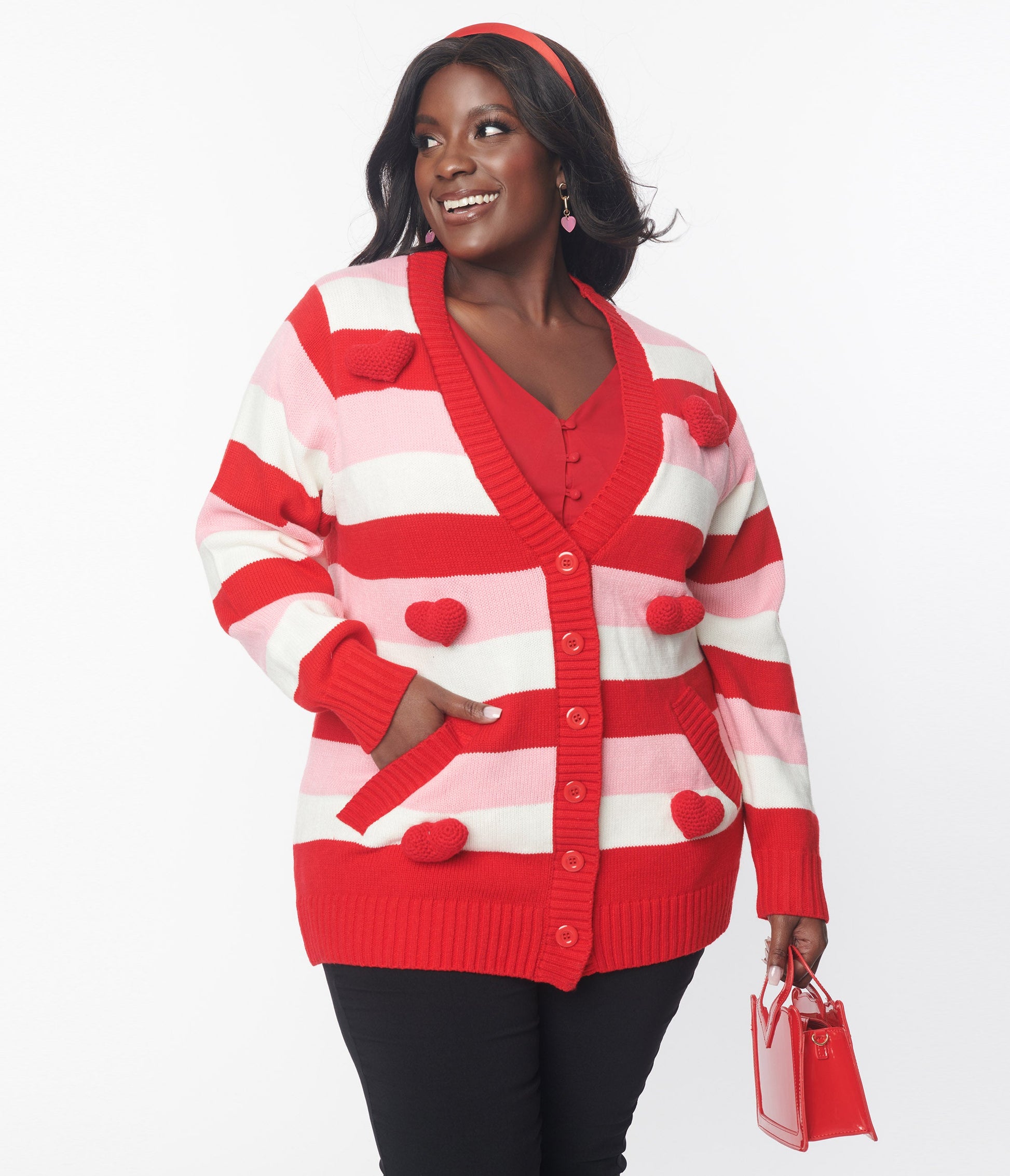Unique Vintage Plus Size Pink & Red Striped Crochet Hearts Cardigan - Unique Vintage - Womens, TOPS, SWEATERS