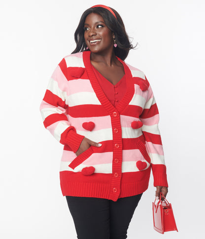 Unique Vintage Plus Size Pink & Red Striped Crochet Hearts Cardigan - Unique Vintage - Womens, TOPS, SWEATERS