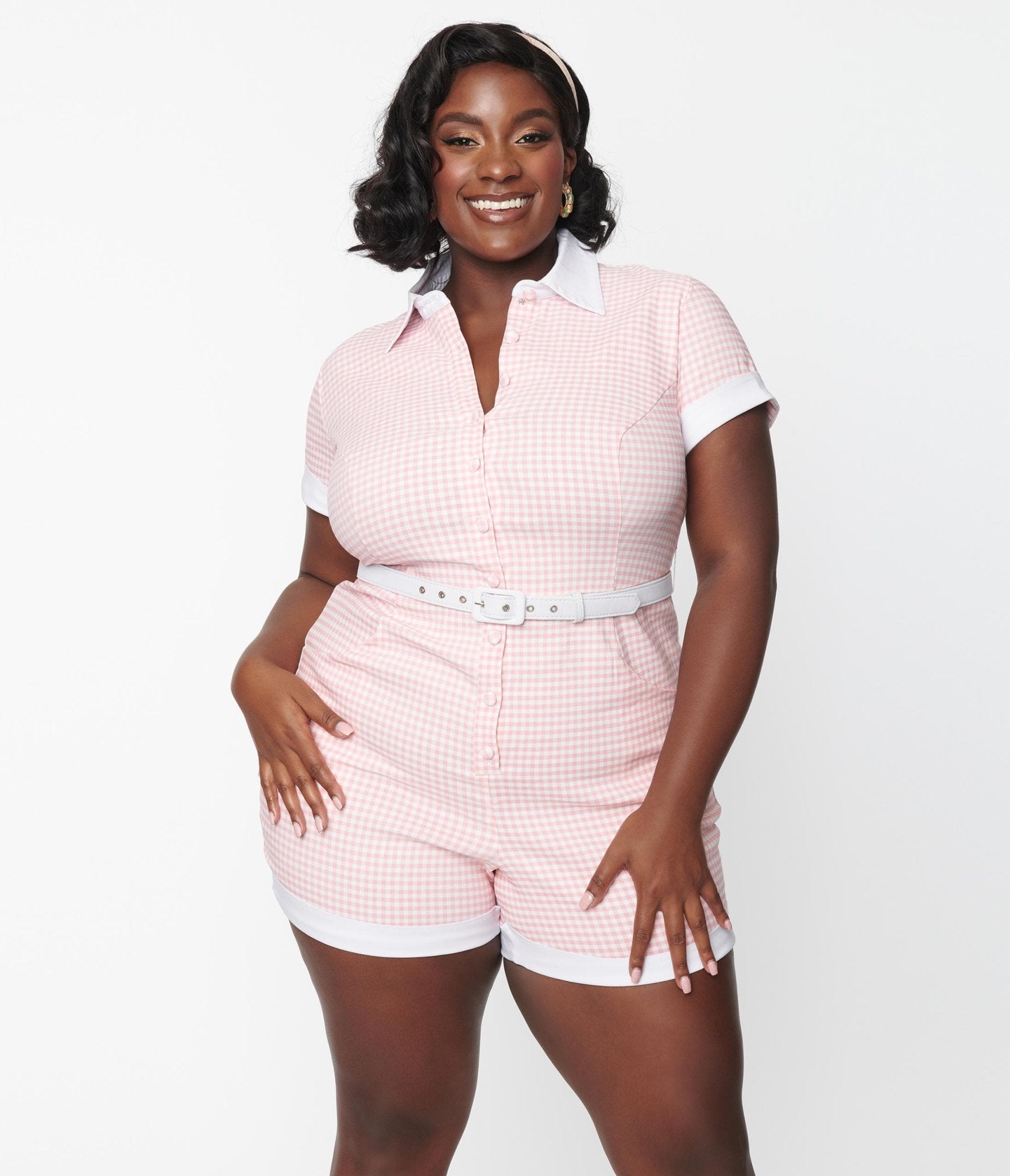 Unique Vintage Plus Size Pink White Gingham Patsy Romper