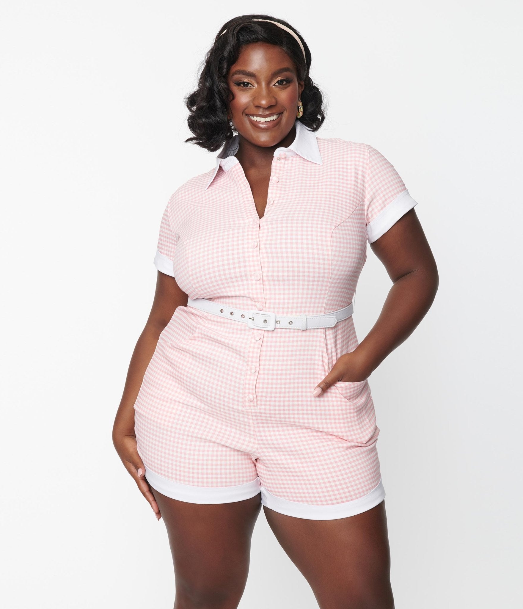 Unique Vintage Plus Size Pink White Gingham Patsy Romper