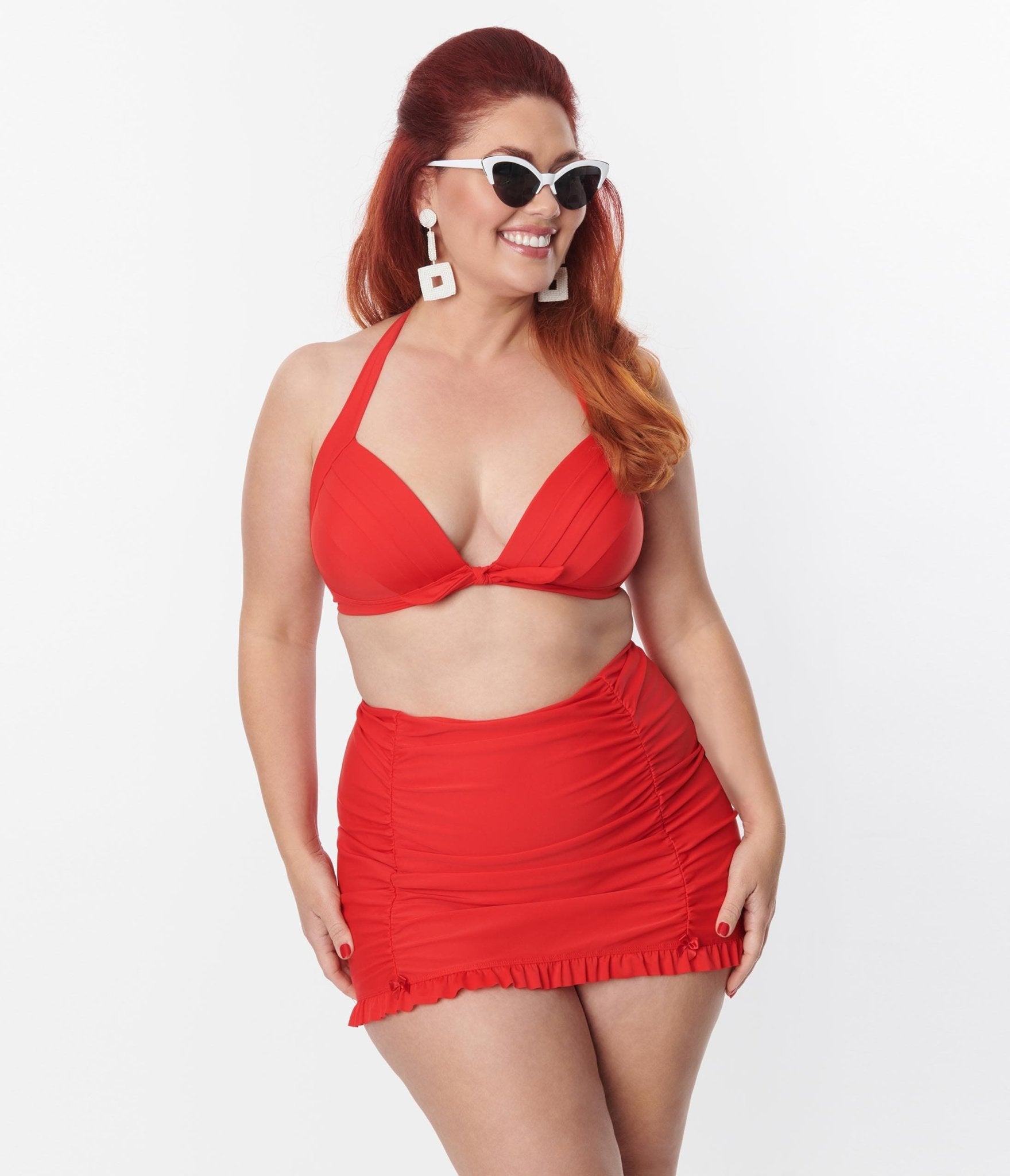 Unique Vintage Plus Size Red Drawstring Ruffle Skirt - Unique Vintage - Womens, SWIM, BOTTOM