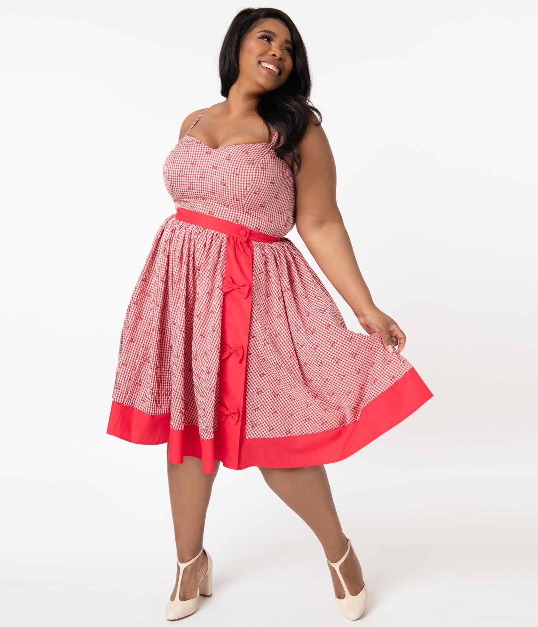 Unique Vintage Plus Size Red Gingham Cherry Print Rye Swing Skirt