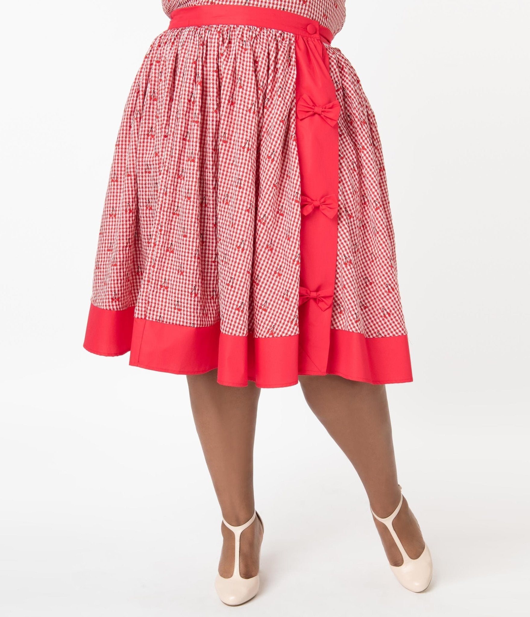 Unique Vintage Plus Size Red Gingham & Cherry Print Rye Swing Skirt - Unique Vintage - Womens, BOTTOMS, SKIRTS
