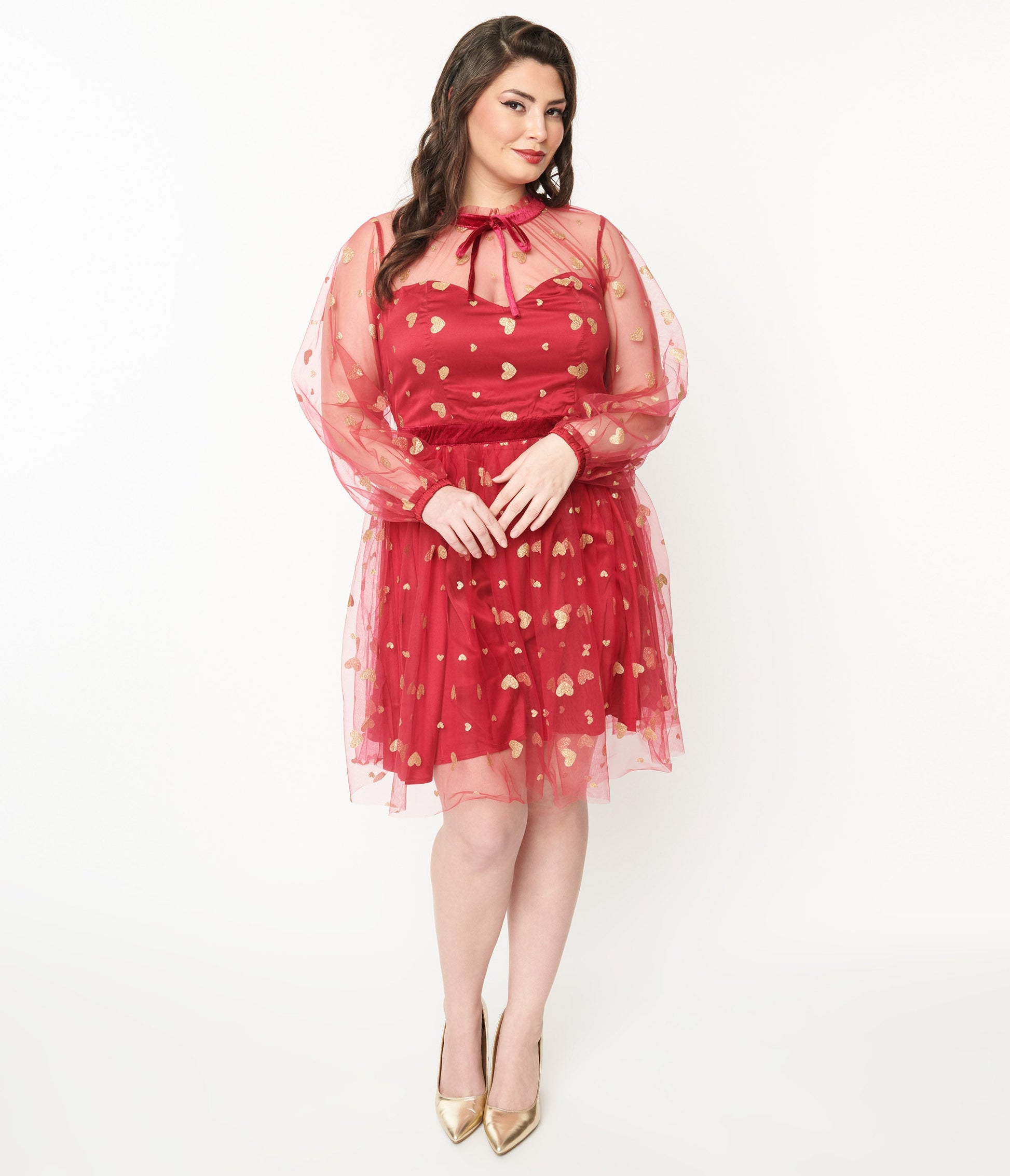 Unique Vintage Plus Size Red & Gold Glitter Heart Flare Dress - Unique Vintage - Womens, DRESSES, FIT AND FLARE