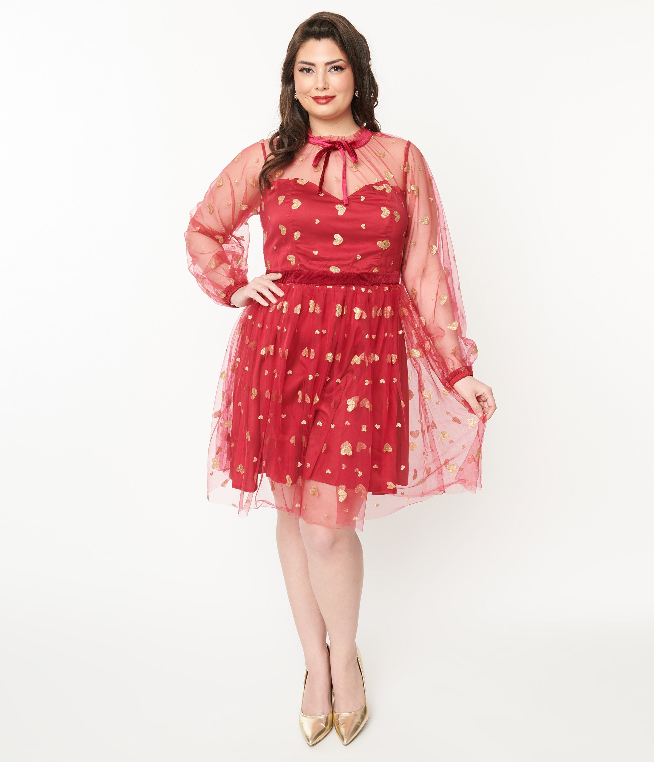 Unique Vintage Plus Size Red Gold Glitter Heart Flare Dress
