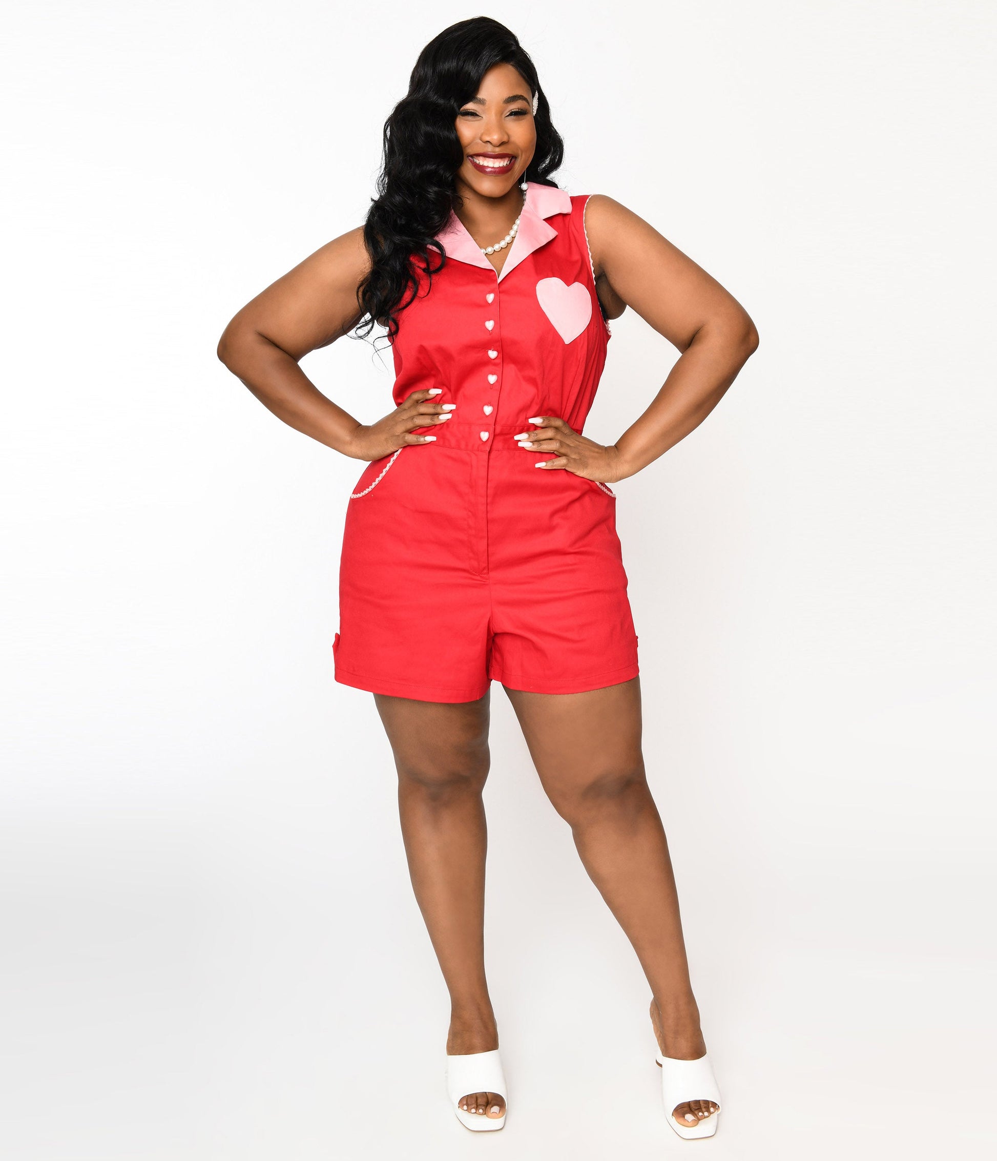 Unique Vintage Plus Size Red & Pink Heart Shelby Romper - Unique Vintage - Womens, BOTTOMS, ROMPERS AND JUMPSUITS